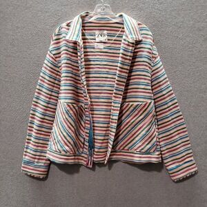 Zara Women Jacket Medium Orange Striped Blazer Pockets Collar Open Front